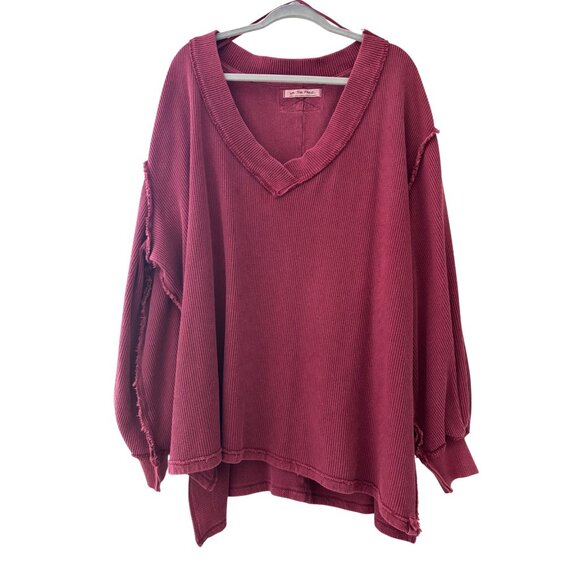 We The Free Asher Thermal Knit Oversized V-Neck Top Large Burgundy Ribbed - Picture 6 of 12